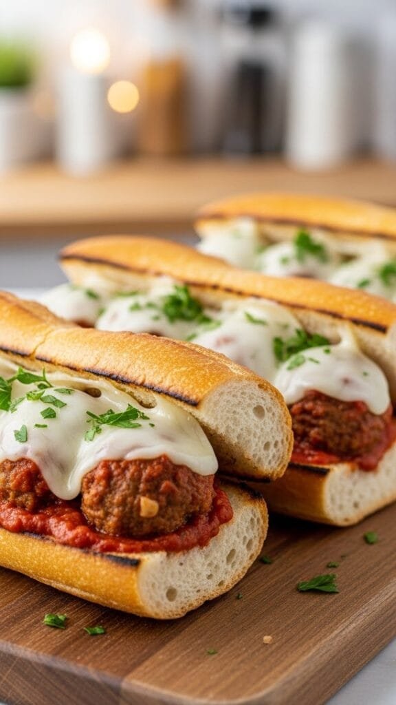 Baked meatballs simmered in marinara sauce and piled into toasted sub rolls topped with melted cheese