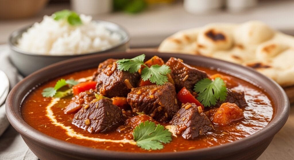 beef curry simmering in slow cooker with spices and coconut milk