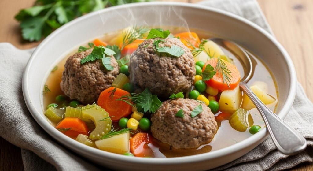 Bowl of homemade meatball soup with vegetables and herbs in rich broth