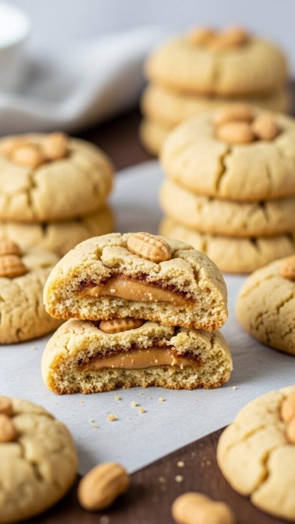 Homemade peanut butter stuffed cookies with a soft, chewy texture and a gooey peanut butter center, served warm