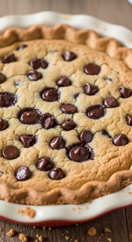 Freshly baked chocolate chip cookie pie in a pie dish with golden crust and melted chocolate