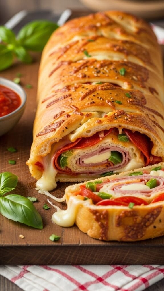 Uncut stromboli fresh from the oven with a crisp golden crust and steam vents on top