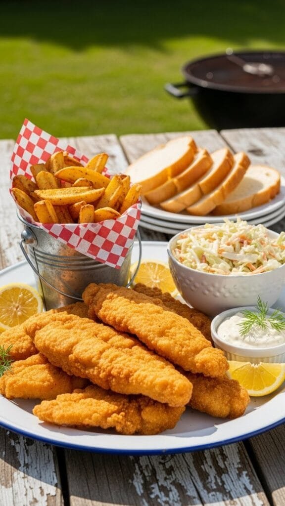 Close-up of flaky white fish coated in a crisp breading, freshly fried and served with lemon and herbs.