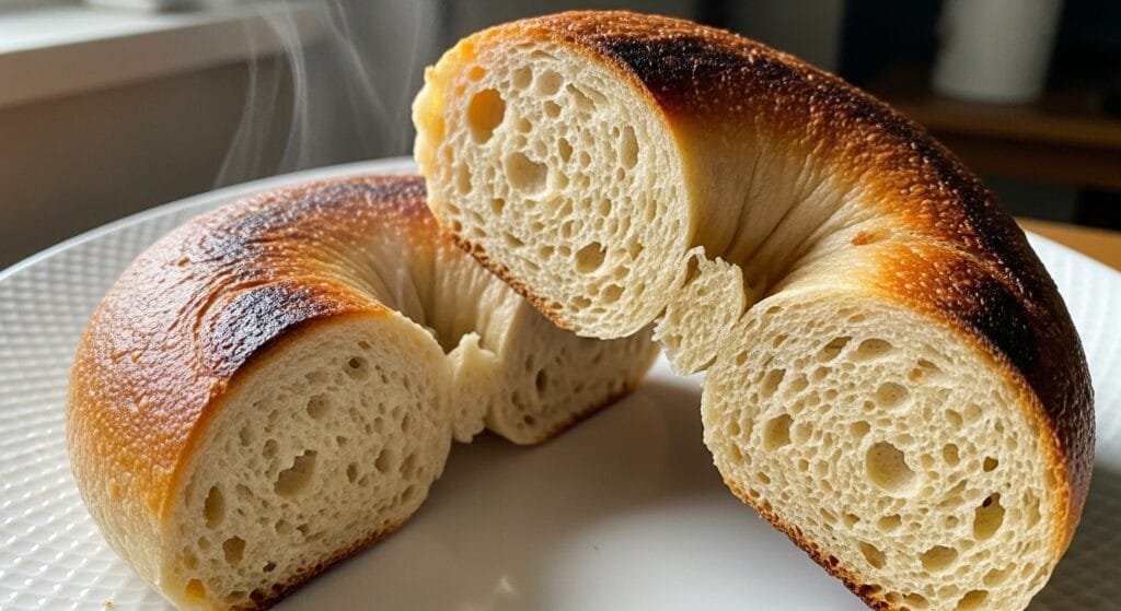 Homemade Greek yogurt bagels sliced and toasted showing soft interior texture