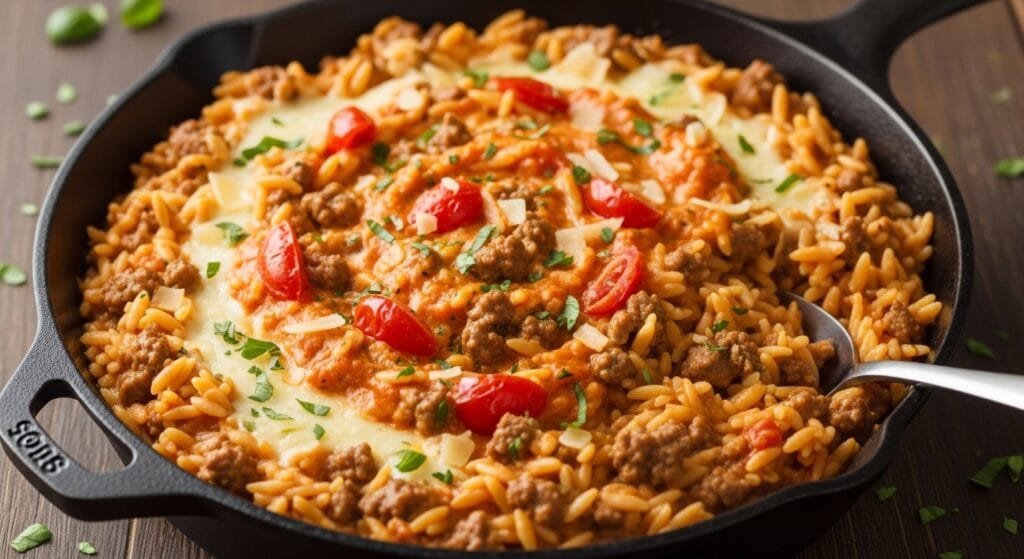 creamy ground beef orzo skillet with tomato cream sauce