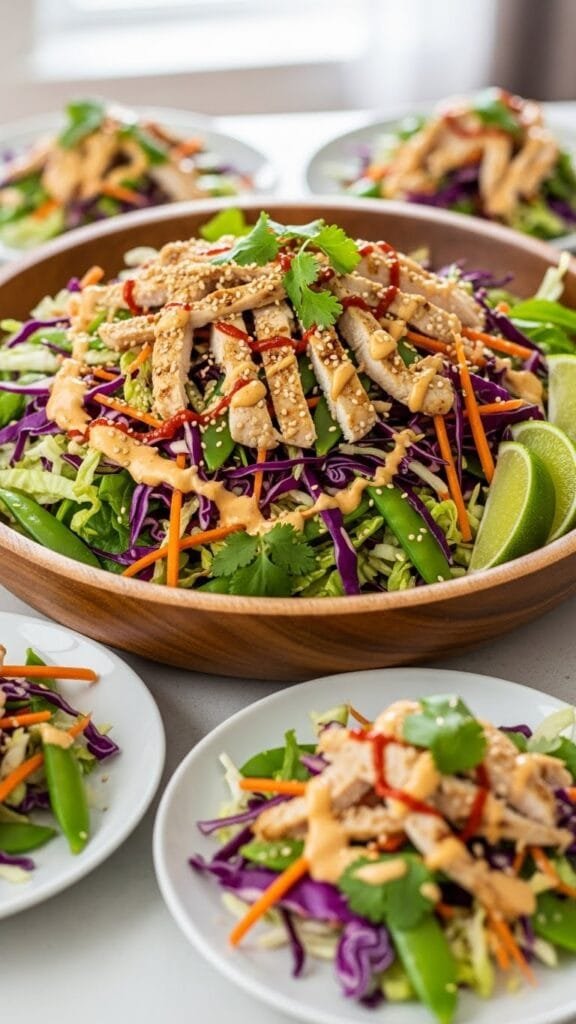 Healthy cabbage crunch salad with sesame chicken and sesame ginger dressing