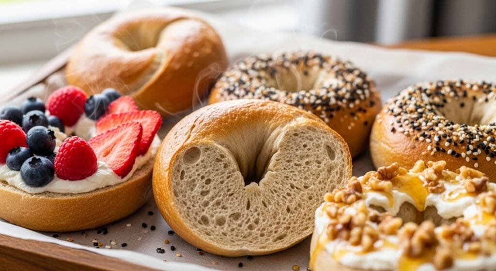 High-protein Greek yogurt bagels baked golden and served on a tray with toppings