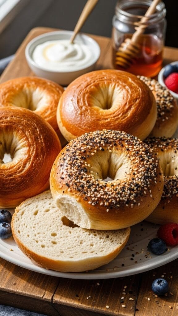 Homemade Greek yogurt bagels with a golden crust, made without yeast and baked on a parchment-lined tray