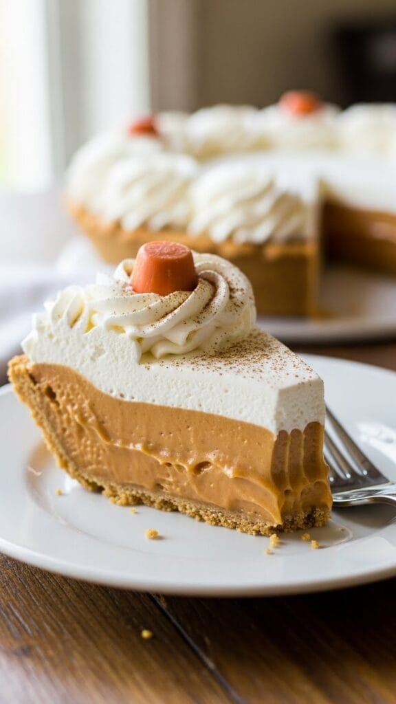 Slice of creamy butterscotch pie showing smooth custard and golden crust, topped with whipped cream and ready to serve cold.