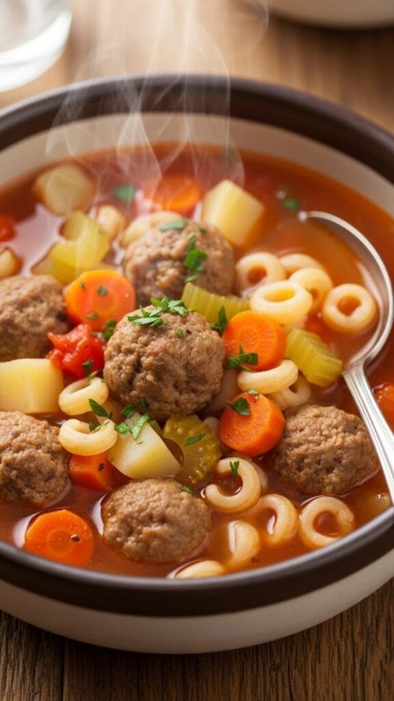 Close-up of tender meatballs simmering in broth with carrots, celery, and onions.