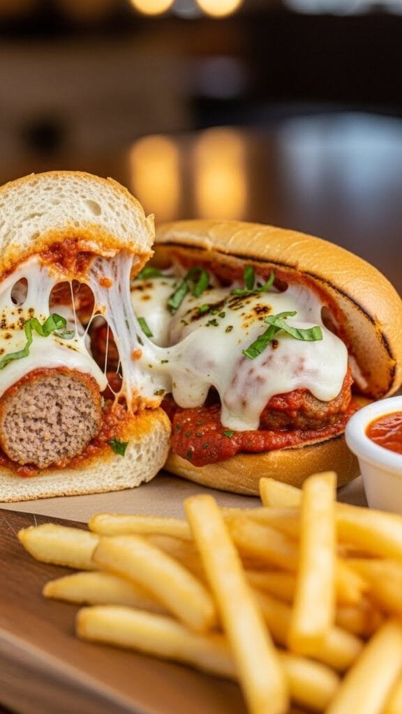 Close-up of an easy cheesy meatball sub filled with homemade meatballs, marinara sauce, and melted mozzarella on a toasted hoagie roll.