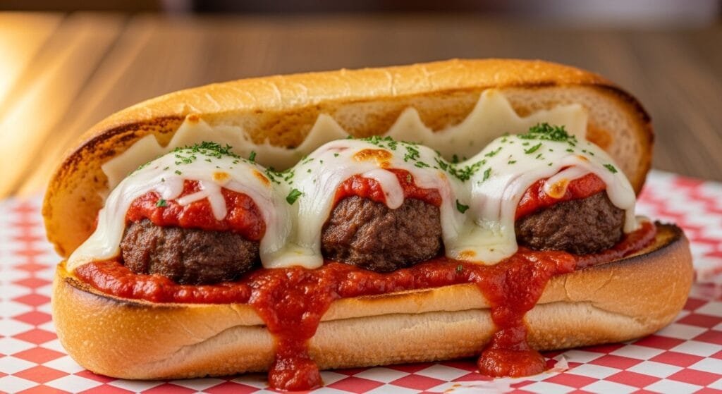 Homemade meatball sub with melted cheese and marinara in toasted hoagie roll