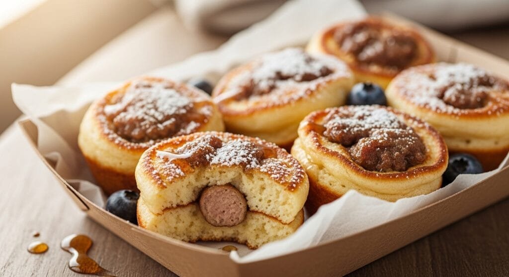 Fluffy homemade sausage pancake bites served warm for a quick grab-and-go breakfast