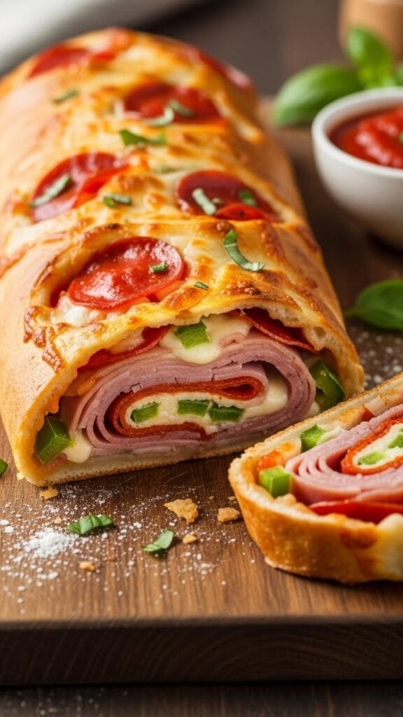 Golden homemade stromboli sliced on a cutting board showing layers of melted cheese and meats.
