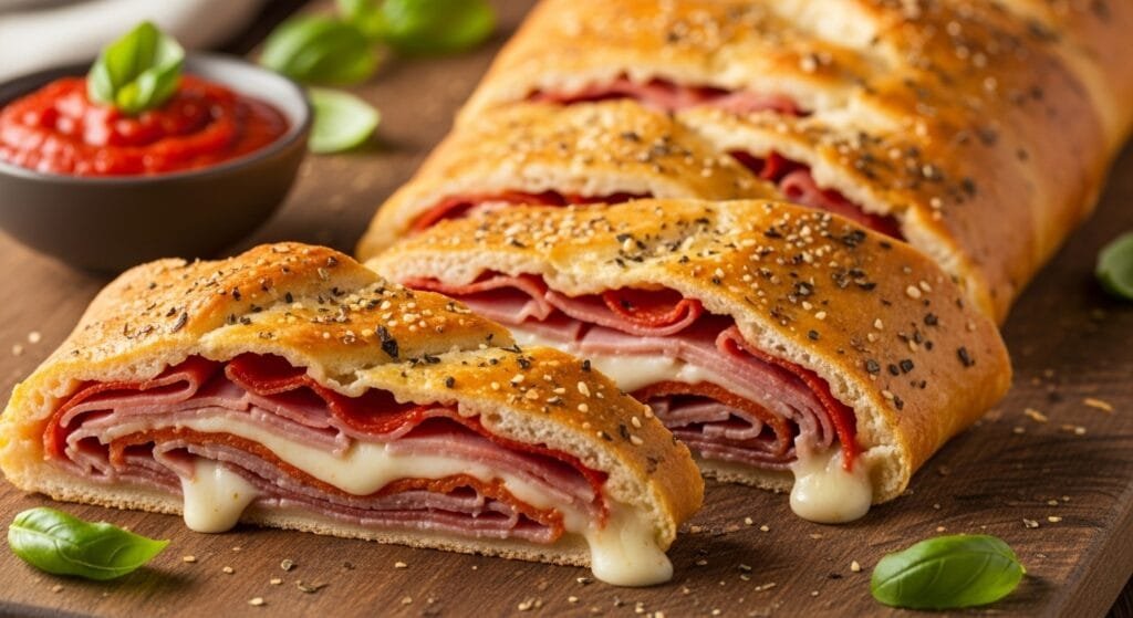 golden homemade stromboli sliced showing layers of cheese and meats