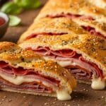 golden homemade stromboli sliced showing layers of cheese and meats