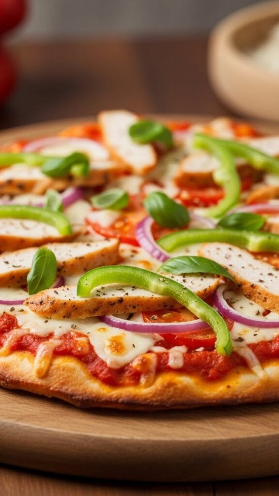 Golden baked chicken crust pizza with fresh basil and melted mozzarella ready to slice and serve.