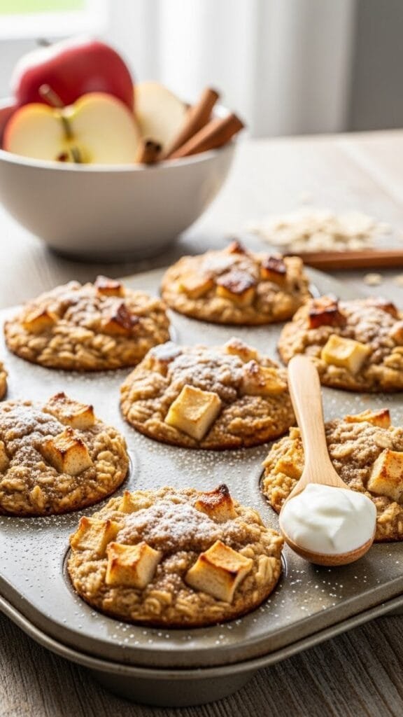 Warm apple oatmeal cups with cinnamon baked in a muffin pan, ready for grab-and-go breakfasts.