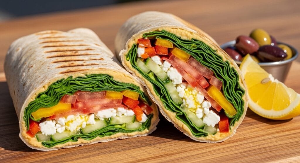 Mediterranean veggie wrap filled with hummus, cucumbers, tomatoes, peppers, spinach, and feta cheese
