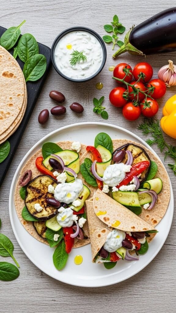 Colorful Mediterranean vegetable wrap with hummus and fresh veggies rolled tightly and cut in half on a serving board.