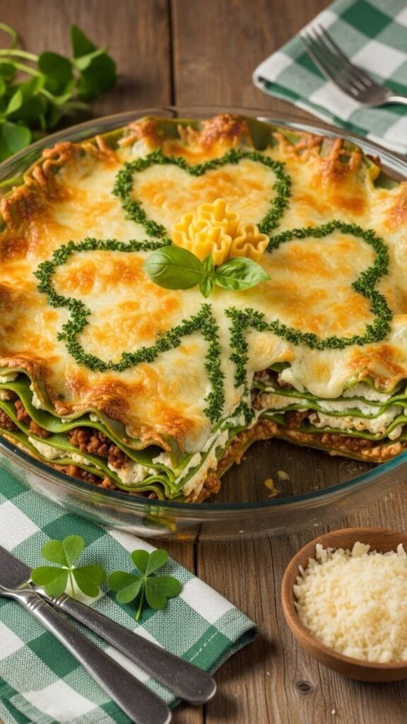 Mint chocolate layered Shamrock Lasagna sliced into squares with whipped cream, cherries, and green sprinkles.