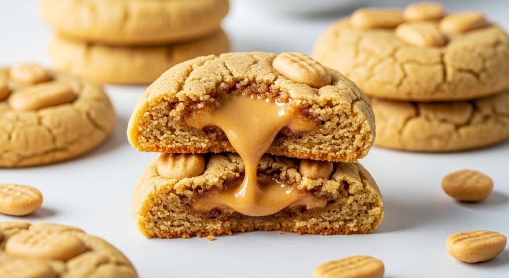 Soft peanut butter stuffed cookies with gooey center and chewy texture