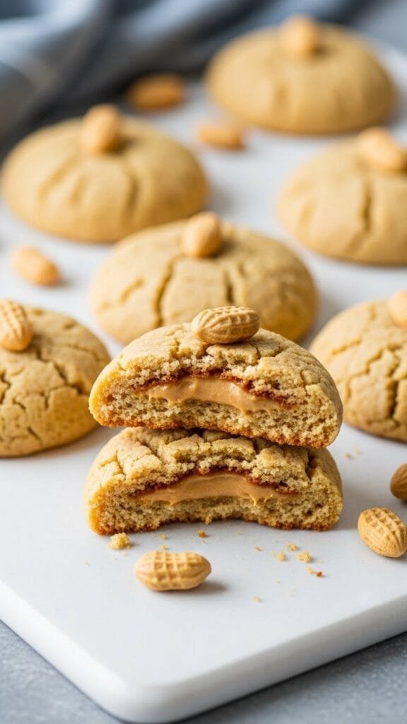 Soft baked peanut butter stuffed cookies with melty filling, stacked Soft baked peanut butter stuffed cookies with melty filling, stacked on a plate for desserton a plate for dessert