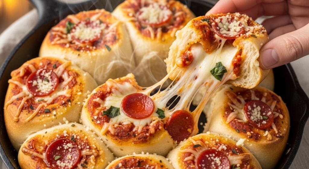Soft pizza pull apart rolls showing gooey melted cheese center after baking
