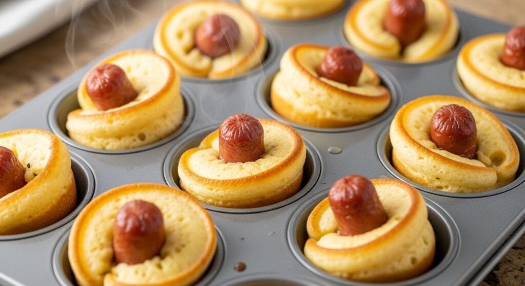 Mini sausage pancake bites baked until golden in a muffin pan for an easy freezer-friendly breakfast