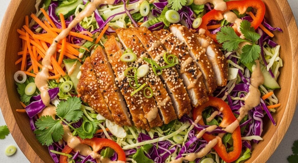 Sesame chicken cabbage crunch salad with fresh vegetables and sesame dressing