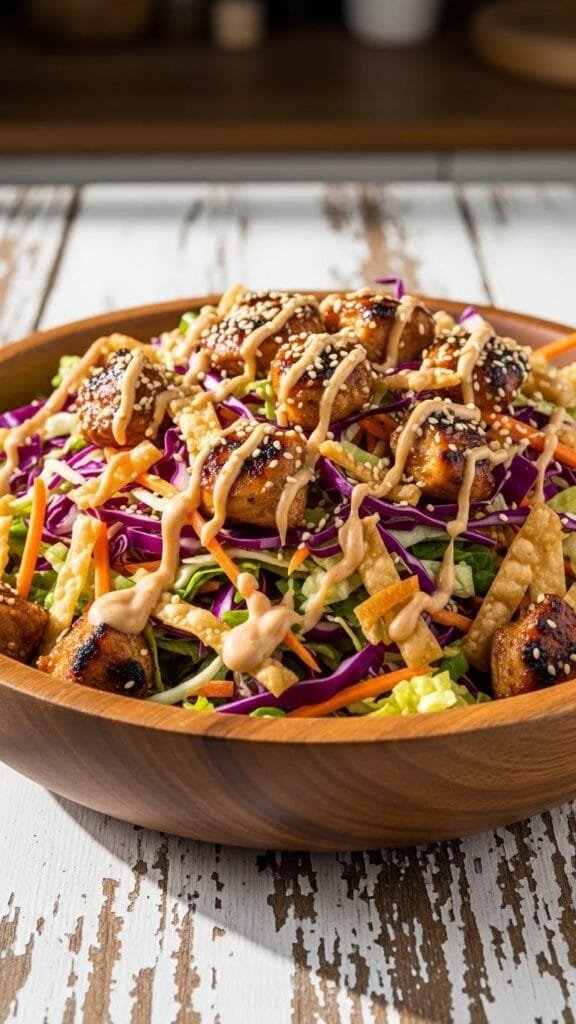 Sesame chicken cabbage crunch salad with fresh vegetables, cilantro, and sesame dressing