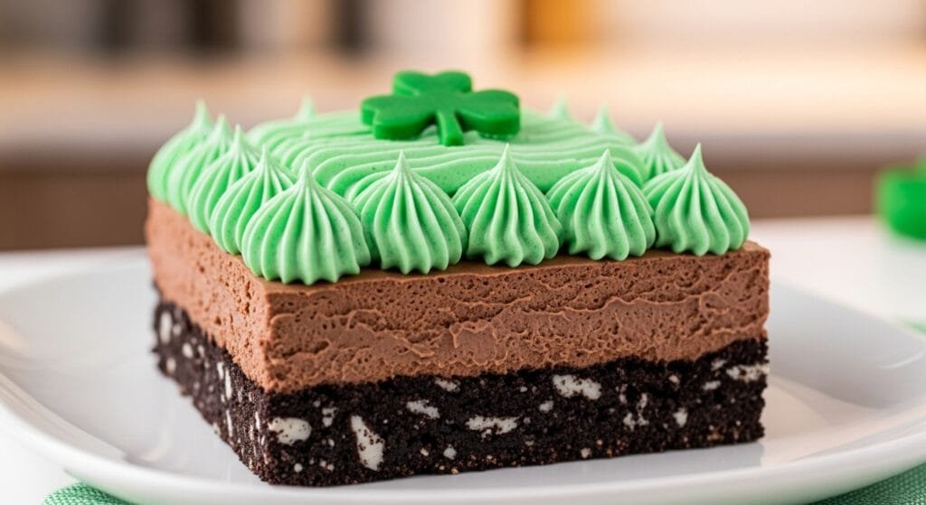 Layered Shamrock Lasagna dessert showing Oreo crust, chocolate cheesecake layer, and mint topping
