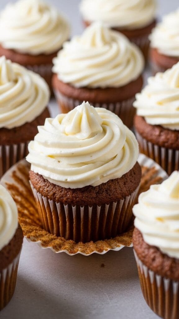 Soft carrot cake cupcakes topped with smooth cream cheese frosting arranged on a white tray