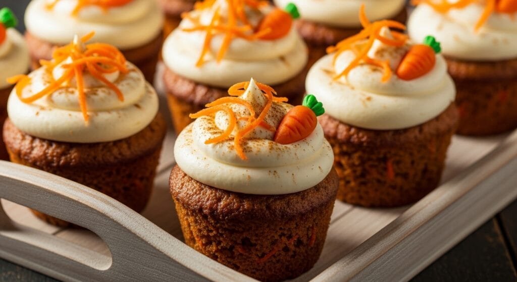 moist carrot cake cupcakes with cream cheese frosting on tray