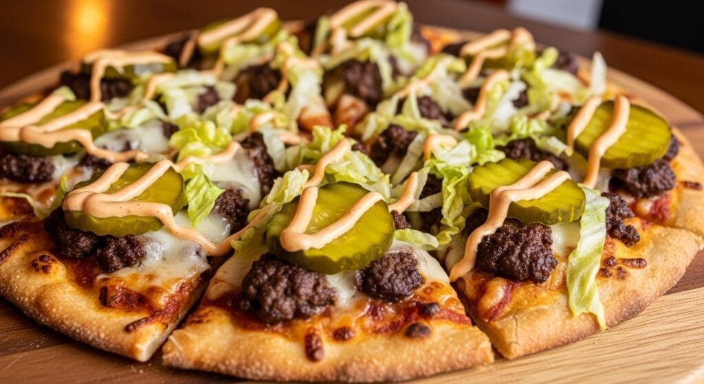 Smash burger flatbread pizza topped with beef cheese pickles lettuce and creamy sauce
