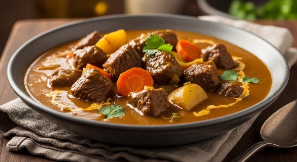 finished crockpot beef curry with tender beef pieces and rich gravy