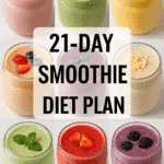 Easy 21-Day Smoothie Meal Plan for Busy Women Healthy 21-day smoothie meal plan for women featuring fresh fruits, leafy greens, and nutrient-rich ingredients arranged on a kitchen counter.