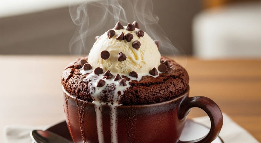 Warm chocolate mug brownie topped with ice cream and chocolate chips
