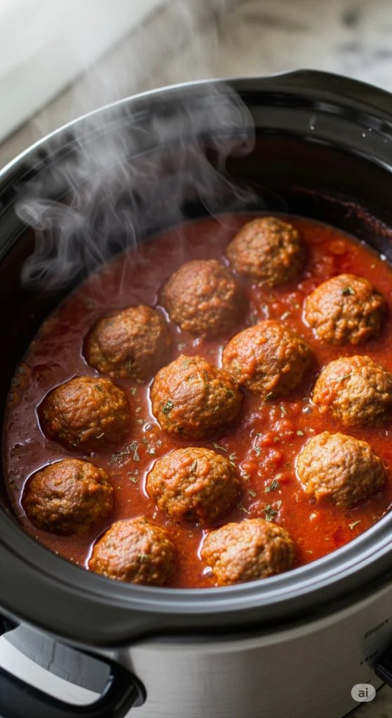 Slow cooked homemade meatballs served with Italian-style marinara