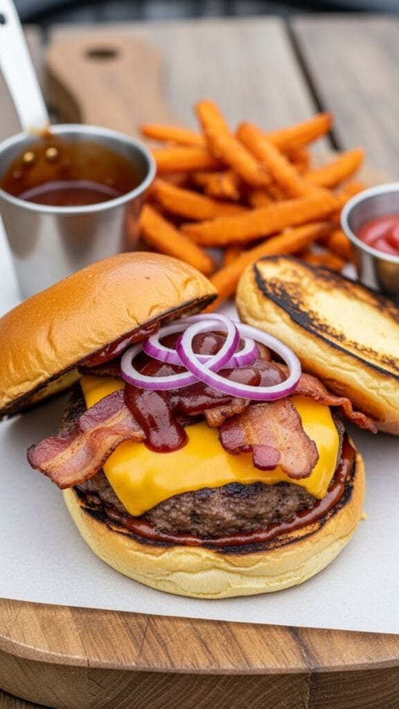 Grilled BBQ burger with cheese, lettuce, tomato, and toasted bun