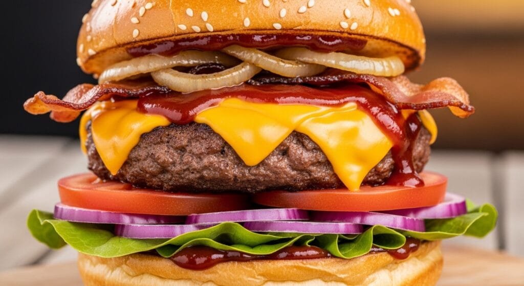 Juicy BBQ cheeseburger with melted cheddar cheese and fresh toppings on toasted bun