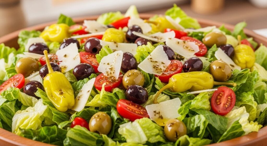 Big classic Italian salad with romaine lettuce, tomatoes, olives, pepperoncini, parmesan, and homemade Italian dressing