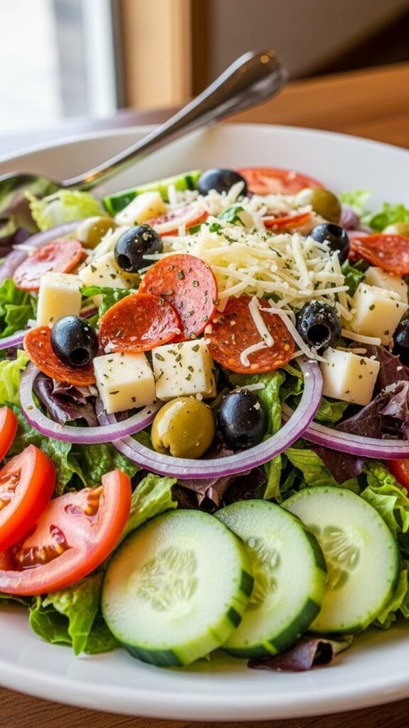 Classic Italian chopped salad with romaine lettuce, cherry tomatoes, red onion, olives, croutons, and parmesan tossed in homemade Italian vinaigrette