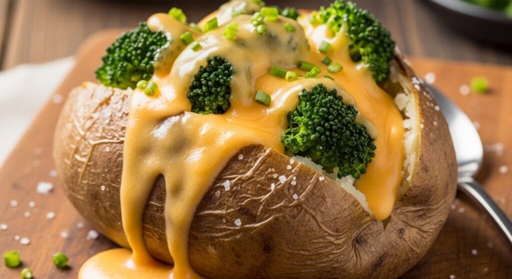 Cheesy broccoli baked potato topped with creamy cheddar sauce and tender broccoli