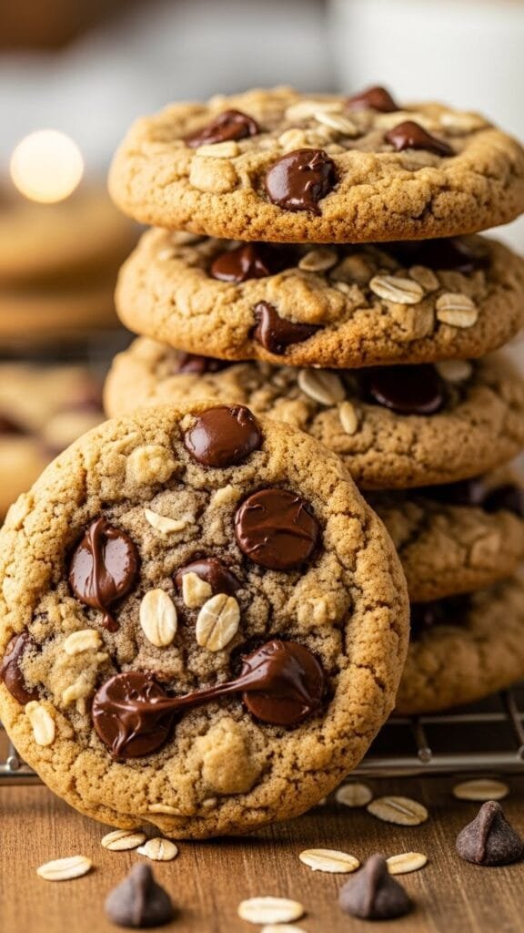close-up chewy oatmeal cookies with chocolate chips