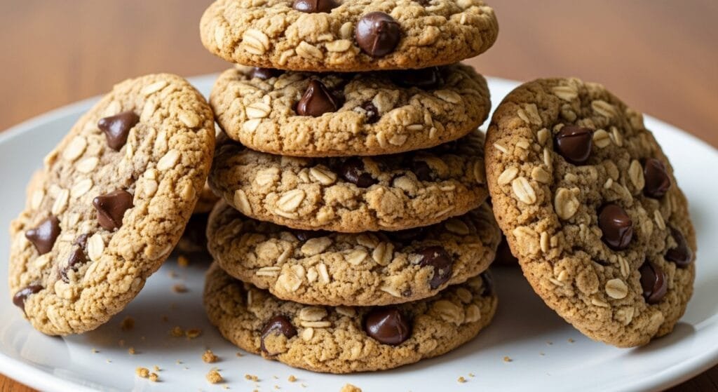 Thick chewy oatmeal chocolate chip cookies stacked on plate