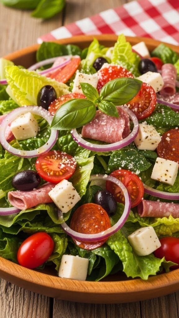 Big classic Italian salad made with crisp romaine lettuce, tomatoes, olives, pepperoncini, parmesan cheese, and homemade Italian dressing in a large bowl