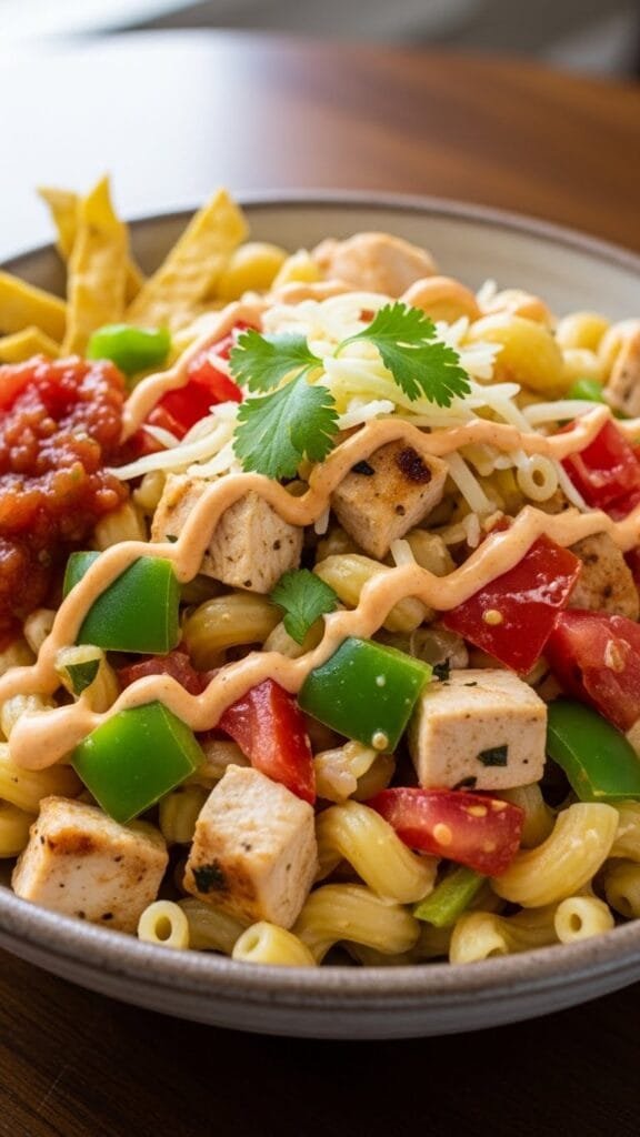 Slow cooked shredded chicken in creamy salsa ranch sauce ready to mix with pasta