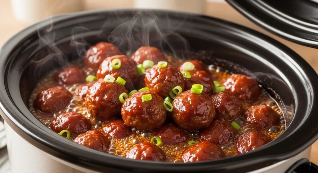 crockpot BBQ meatballs simmered in thick barbecue sauce