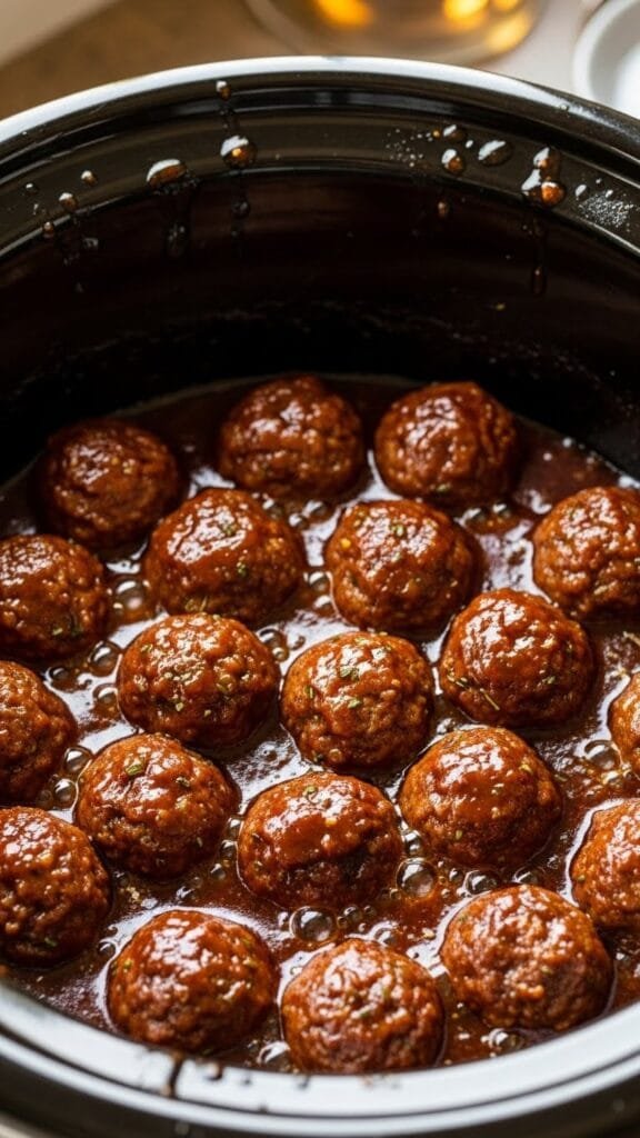Slow cooker BBQ meatballs coated in sweet and smoky sauce, ready to serve as a crowd-pleasing appetizer